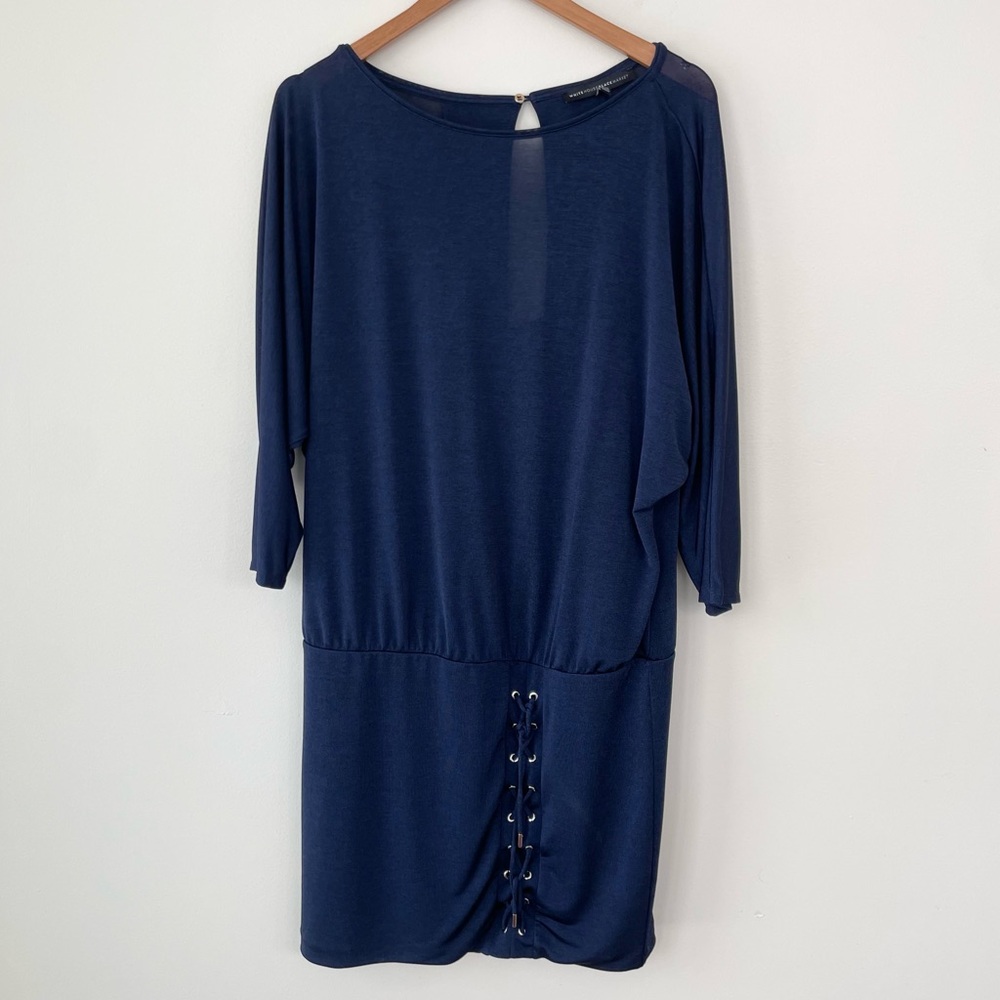 White House Black Market Dolman Sleeve Layered Navy Blue Dress L Large Lace Up